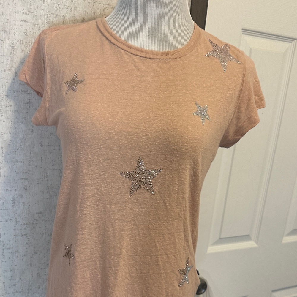 Zadig & Voltaire Tan Star Embellished linen blend tee medium